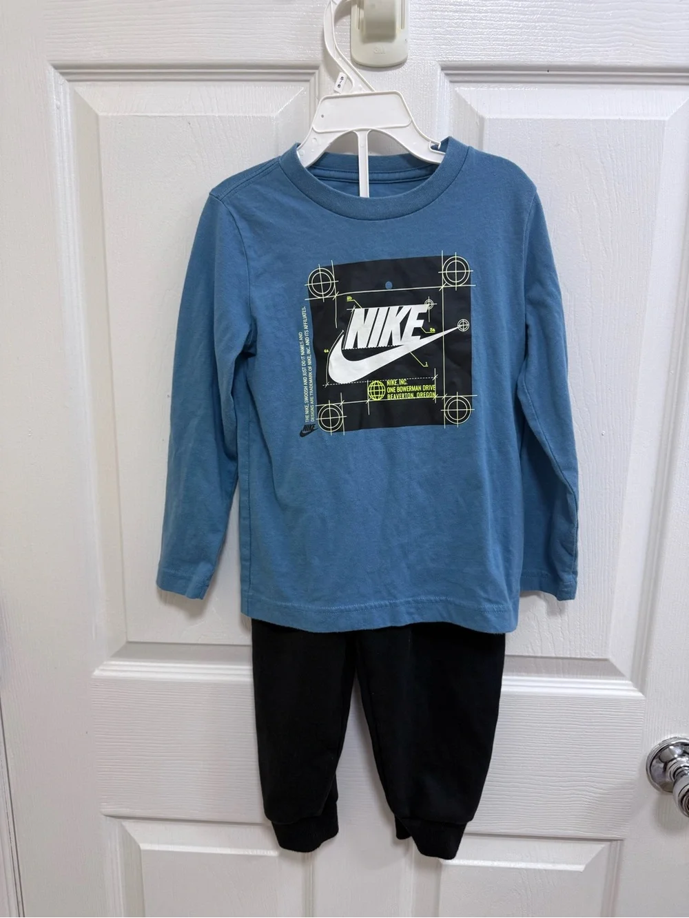 Nike Blue Long-Sleeve Graphic Tee with Black Joggers, Size 4T